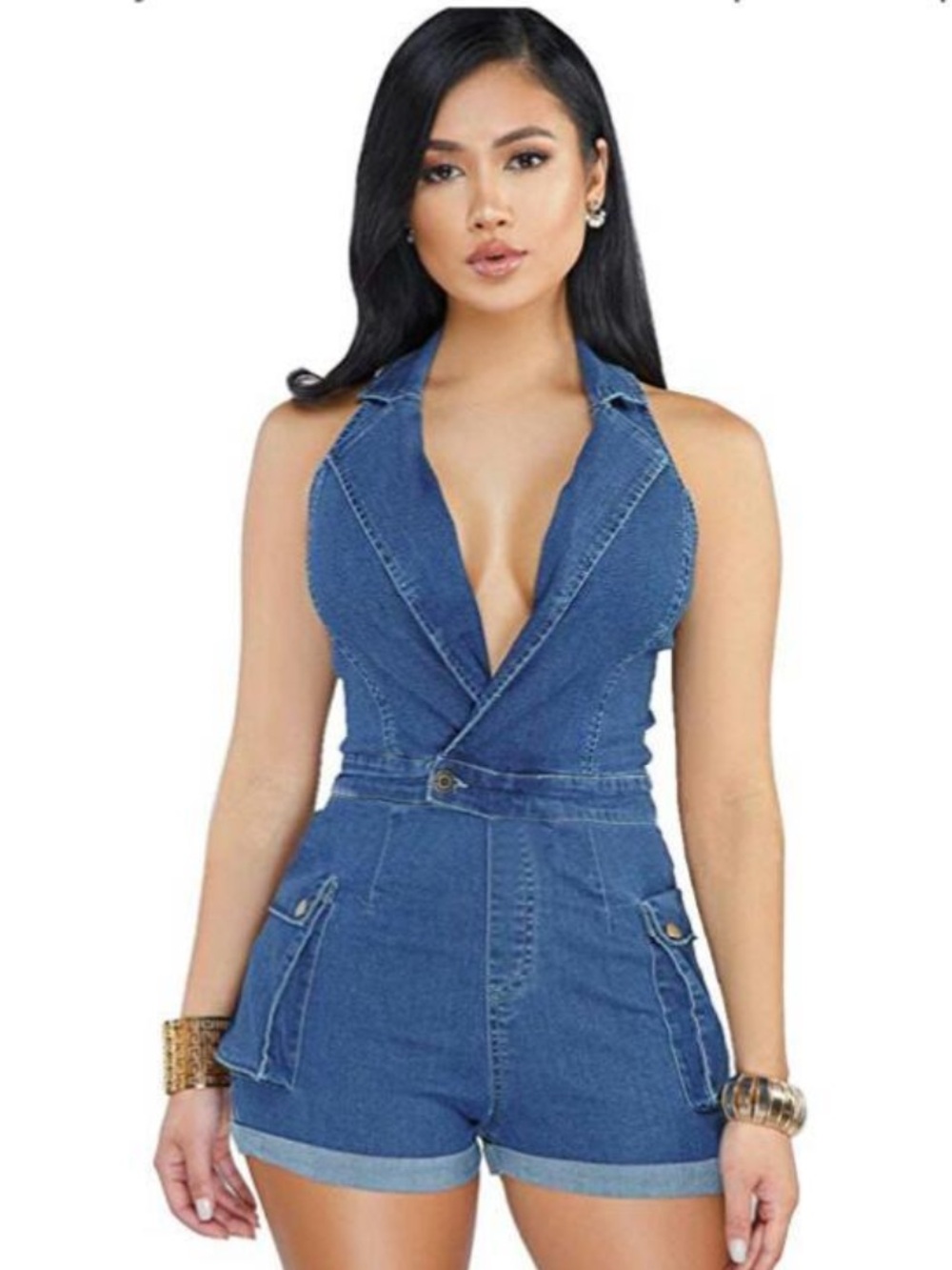 Women's Deep V Denim Sleeveless Romper - Blue